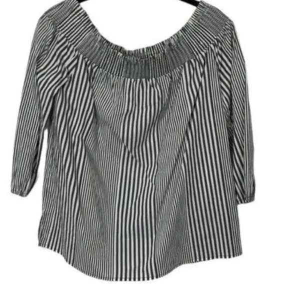 Melloday Women's Large Blue and White Striped Off the Shoulder Blouse - Picture 2 of 7
